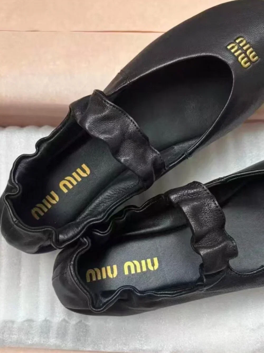 Miu Miu Ruffle Collar Leather Mary Jane Ballerinas